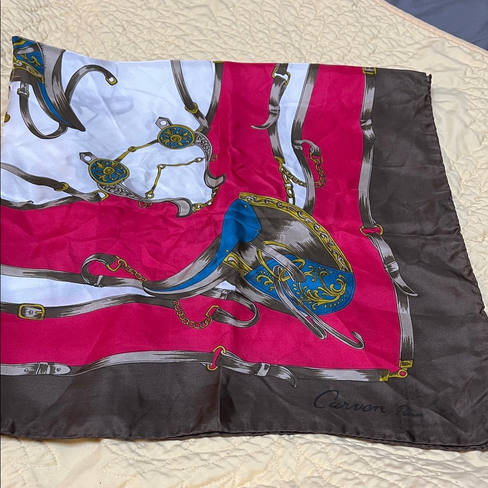 Elegant Carvon Paris Silk Scarf with Equestrian Motif